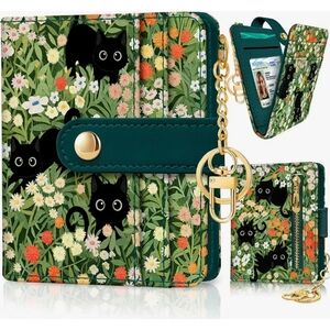Black Cat Floral Rfid Women Wallet, Small Slim Thin Credit Card Wallet, PU Leath